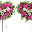 Lodou 2 Sets Artificial Cemetery Flowers, Grave Memorial Flowers with Ground Spike,Heart Shaped Wreaths Rose Flowers for Artificial Rose Decoration for Cemetery Headstones Gravesites (Pink)