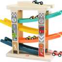 TOP Bright Toddler Wooden Race Track Car Ramp Toys for 1 2 Year Old Baby Motor Skills Race Tracks Car Ramp Vehicle Playsets with 4 Mini Cars and 1 Car Garage