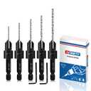 5-pc Countersink Drill Bit Set, 3in1 Woodworking Counterbore Hole Drill Bits for #6 8 10 12 16 Screws, Depth Adjustable M2 Pilot Drill Bits, 82-Degree Chamfer, 1/4 Hex Shank, 2 Allen Wrench