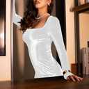 GOBLES Women's Sexy Velvet Long Sleeve Square Neck Bodycon Cocktail Party Mini Dress (White)