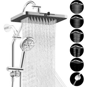 Hibbent cUPC Certified 13'' Shower Head Combo, High Pressure 5 Spray Rainfall Showerhead, 10 Spray Mode Handheld, All Metal Easy Reach 4-way Diverter Arm with Pause Mode, 71'' Hose and Holder, Chrome