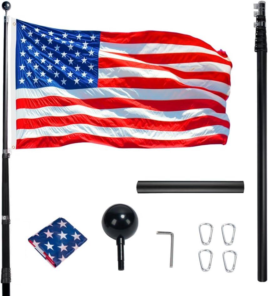 iElyiEsy Telescopic Flag Pole Kit Height Adjustable Heavy Duty Aluminum Flagpoles with Two 3x5 American Flags & Golden Ball Topper for Yard House Ground Residential Commercial, Silver (Black, 20 FT)