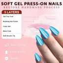 120Pcs Cat Eye Press on Nails Almond Medium Length, Full Cover Sky Blue Press on Fake Nails Glossy Acrylic Almond Shape Glue Nails for Women Girls