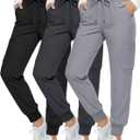 3 Pack Womens Scrub Pants Cargo Jogger Bottoms with Pockets Elastic Drawstring Waistband Soft Stretch Yoga Pants (X-Large, Black, Light Gray, Dark Gray)