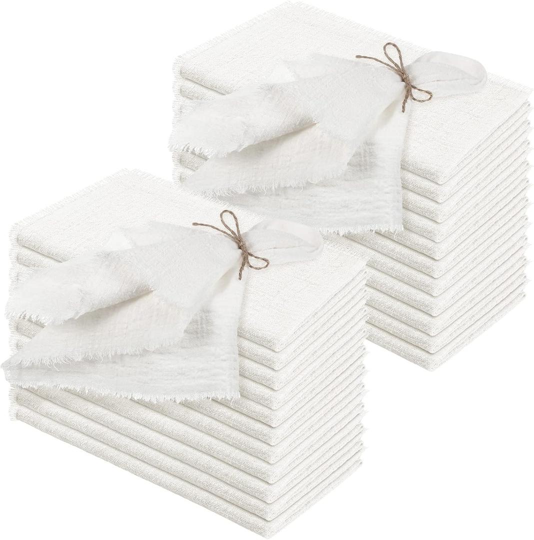 Preboun 24 Pcs Fringe Napkins Bulk Cloth Cotton Soft 17 x 17 Inch Rustic Reusable Washable Festive Square Table Napkins with Fringe for Parties Wedding Restaurant Table Accessory (White)