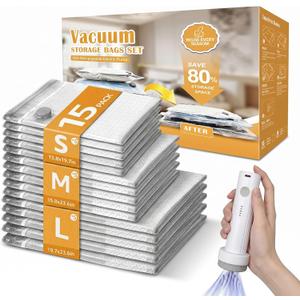 Travel Vacuum Bags with Rechargeable Electric Pump, 15 Pack, 3 Sizes | Vacuum Seal Bags for Clothing, Space Saver Compression Bags for Suitcase, Carry-On, Cruise & Travel, 15 Combo Travel Size (EXP 08/31/27)