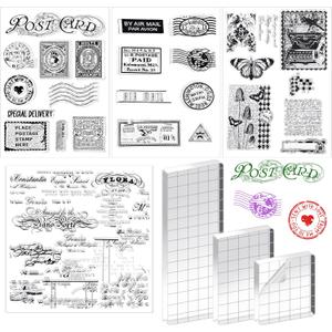 Yinder 7 Pcs Vintage Rubber Clear Stamps Set 4 Sheet Transparent Postage Silicone Stamps 3 Pcs Acrylic Stamp Block Tools with Grid Lines Rubber Craft Supplies for DIY Scrapbooking Journaling