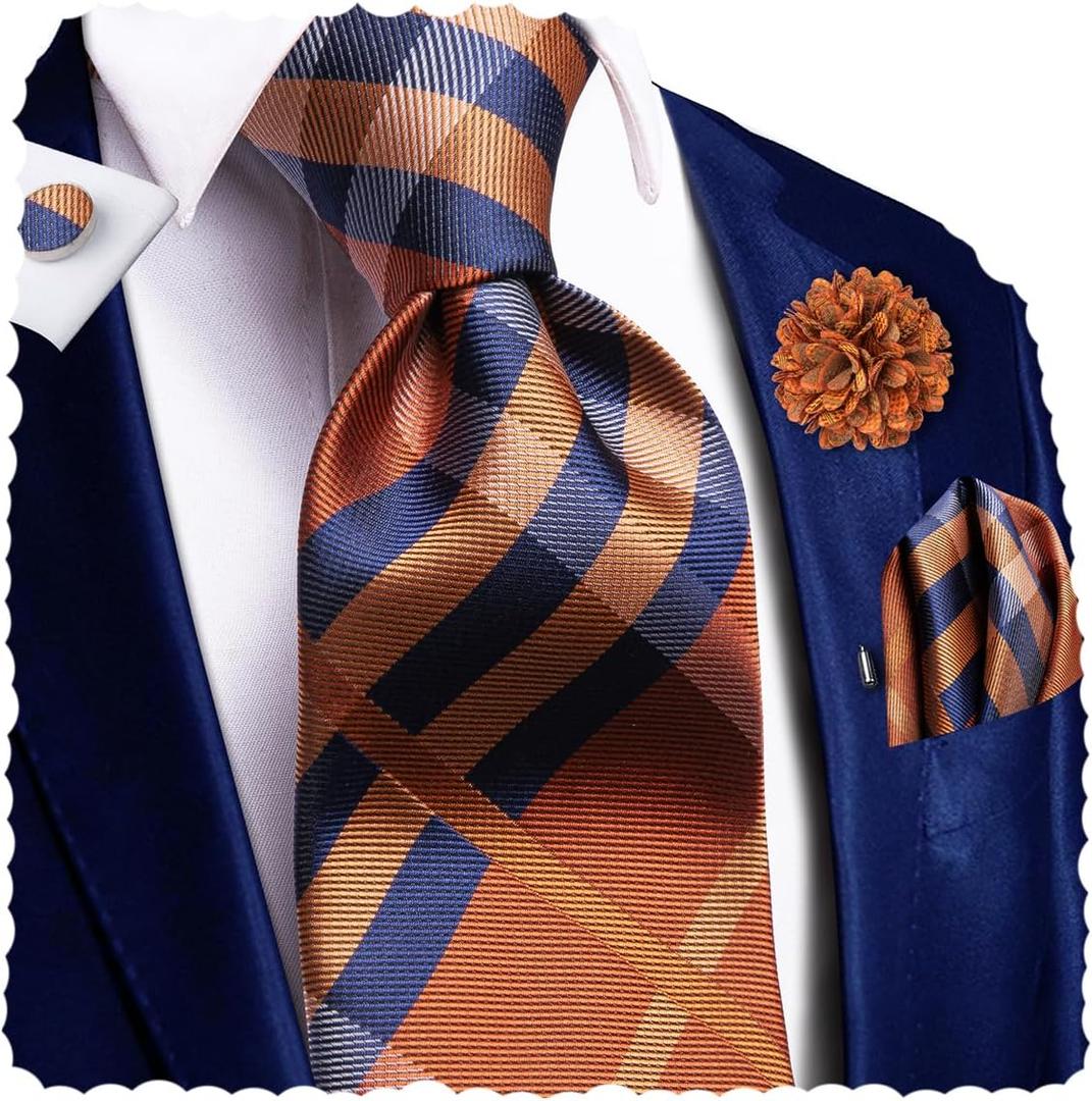 Hi-Tie Men Silk Ties Set with Flower Lapel Pin Necktie Pocket Square Cufflinks for Tuxedo Wedding Business