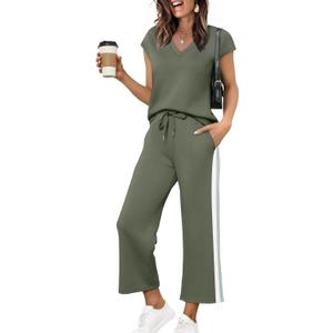 Saloogoe Two Piece Sets for Women Summer Outfits Lounge Sets V Neck Tops Wide Leg Pants Woman Vacation Travel Outfits, M