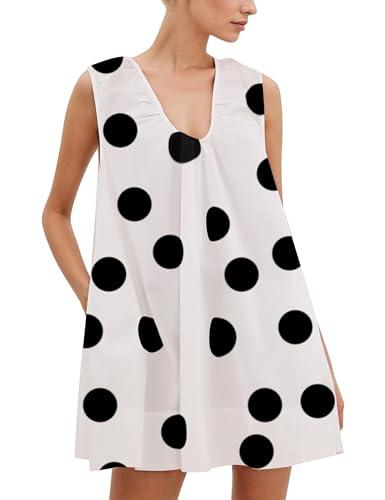 Lenader Women Summer Polka Dot Mini Dress Cute Flowy Sleeveless Babydoll Sundress Ruched A-Line Tank Short Dress with Pockets Large