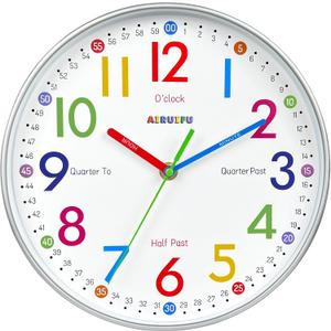 AIRUIFU Wall Clock for Kids Learning to Tell Time, 12 Inch Silent Analog Clock for Kids Room Decor/Bedroom/Classroom/Playroom, Colorful Teaching Clock Helps Kids Easier to Tell Time