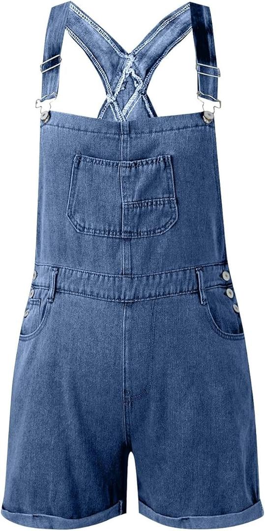 Denim Overalls for Women Loose Fit Casual Adjustable Straps Jean Overalls Shorts Racer Back Bib Shortalls with Pocket M Dark Blue