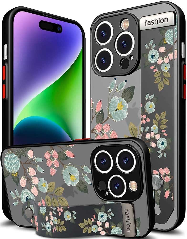 Compatible for iPhone 14 Pro Case Cute with Strap Stand Finger Kickstand, Designer Cool Silicone Cases Funda Cover - Green Flowers Spring Nature