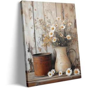 KYSNGMT Farmhouse Wall Decor Rustic Daisy Floral Canvas Wall Art Print | Vintage White Flower in Pitcher Picture Framed Artwork Ready to Hang for Living Room Bedroom Kitchen Country Home Decoration, Pack Of 2