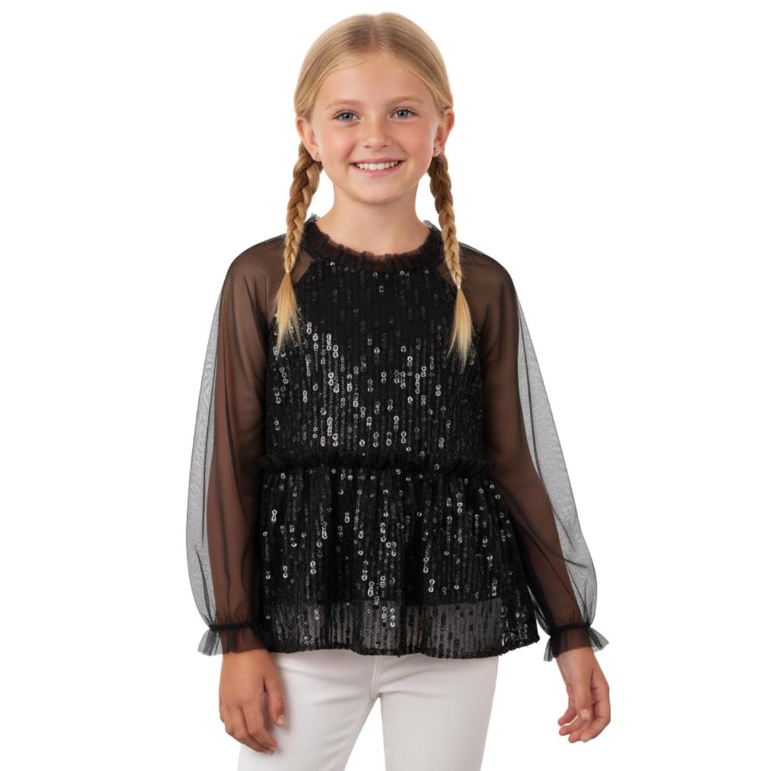 Girl Sequin Mesh Bloues Sparkle Ruffle Collar Long Sleeve Shirts Tops Black