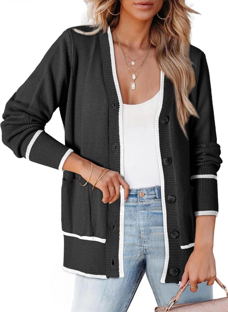 Dokotoo Short Cardigans for Women Color Blocked 2024 Fall Fashion Button Down Sweaters Winter Coats with Pockets (L, Black)