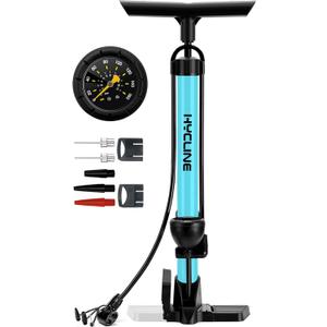 Hycline Bike Floor Pump with Gauge: 160 PSI High Pressure Bicycle Pumps - Durable Air Pump Fits Presta & Schrader Valve - Inflator for Road MTB Tire, Ball, Balloon, Inflatables (Portable Size, Blue)