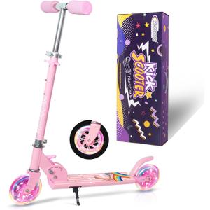 Nattork Scooter for Kids Ages 3-8  Kick Kids Scooters for Boys & Girls Light up Wheels Portable Lightweight Folding Design with Reducing System and Adjustable Height Handlebars and up to 110 Lbs (Pink Rainbow)