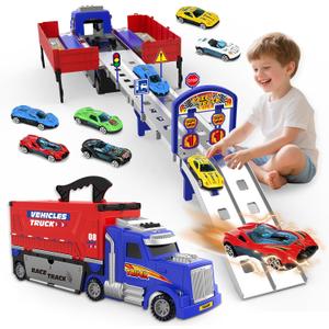 SpringFlower Carrier Truck Race Track Toys, Boy Toys for 3 4 5 6 Years Old Boys with Lights Sounds, Transporter Race Track with 6 Die-Cast Car, Vehicle Toy for Kids Birthday Gifts