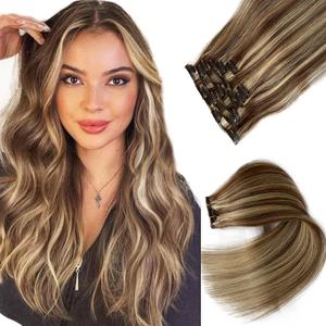 Clip in Hair Extensions Real Human Hair Clip in Extensions,18 Inch Chestnut Brown Balayage Blonde Highlights Real Hair Extensions Clip in Human Hair 7 Pieces 70G Double Weft Remy Human Hair Extensions (#6-613)
