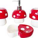 Mushroom Bathroom Accessories Set  4-Piece Ceramic Set (Soap Dispenser, Dish, Toothbrush Holder, Tumbler)  Hand-Painted, Eco-Friendly, Cottagecore Decor for Boho & Rustic Homes
