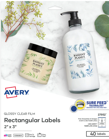 Avery 27952 Blank Rectangle Labels 40ct 2 Glossy Crystal Clear
