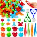 EZdhuawuse Summer Sea Animal Sensory Bin Fillers - 295Pcs Ocean Animal Fine Motor Toys Color Counting Sorting Set for Kids, Felt Octopus Crab Turtle Pom Poms Cup Clip for Preschool Education Training