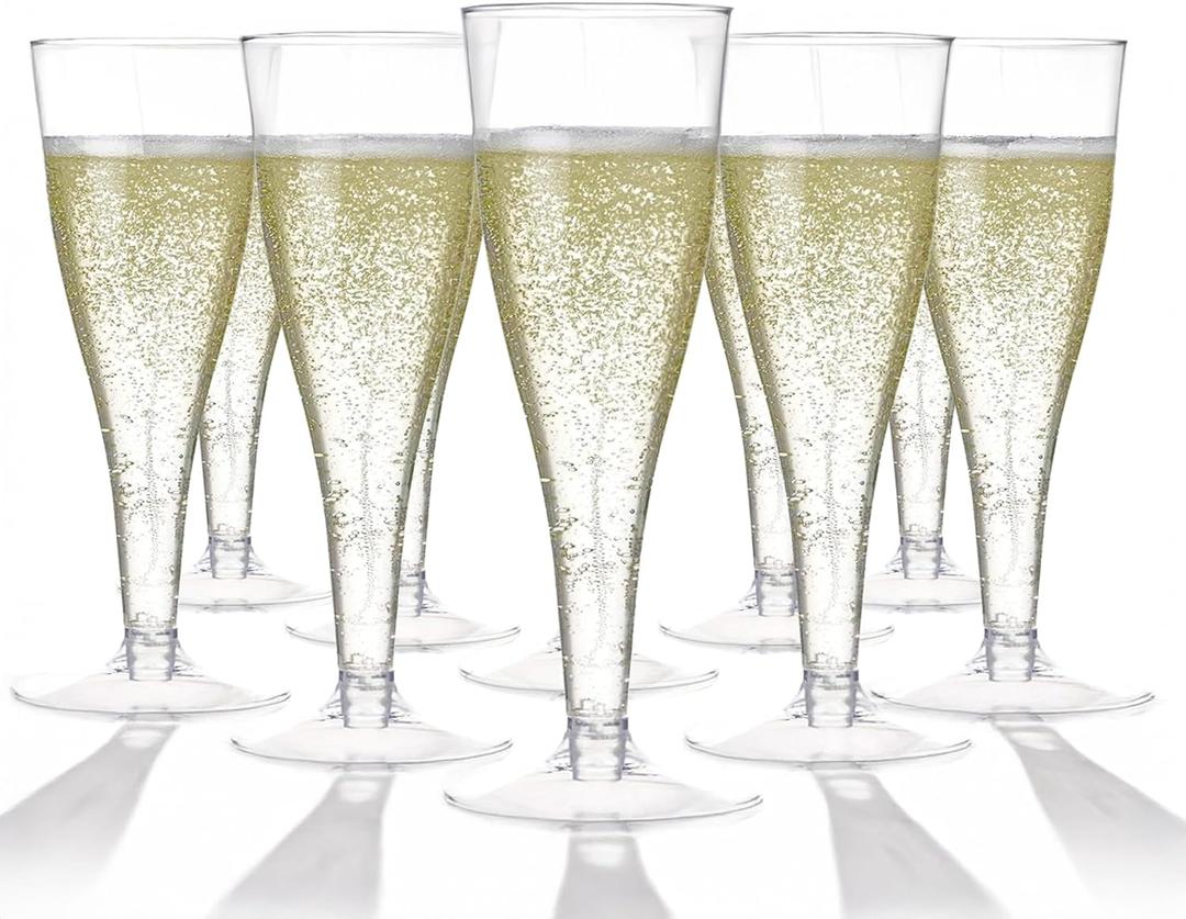 Prestee 100 Pack Clear Plastic Champagne Flutes - 4.5 oz Durable Disposable Champagne Glasses for Parties, Weddings, Toasting and Large Celebrations - Elegant Glasses Stemware for Easy Cleanup