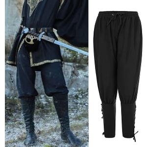 Men's Ankle Banded Pants Medieval Viking Navigator Pirate Costume Trousers Renaissance Gothic Pants (Medium, Black)