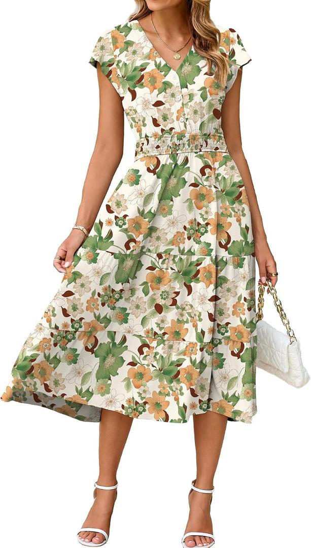BerryGo Women's Floral Boho Ruffle Summer Midi Dress Short Sleeve V Neck Empire Waist Swing Flowy Dress (Orange, L)