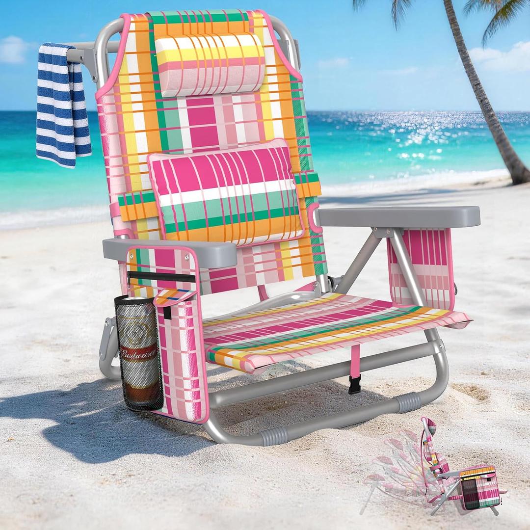 5-Position Backpack Beach Chair for Adults with Lumbar, Foldable Tall Heavy-Duty Beach Chairs with Cooler Bag,Cup Holder,Towel Rack for Beach, Camping, Outdoor, Oversized