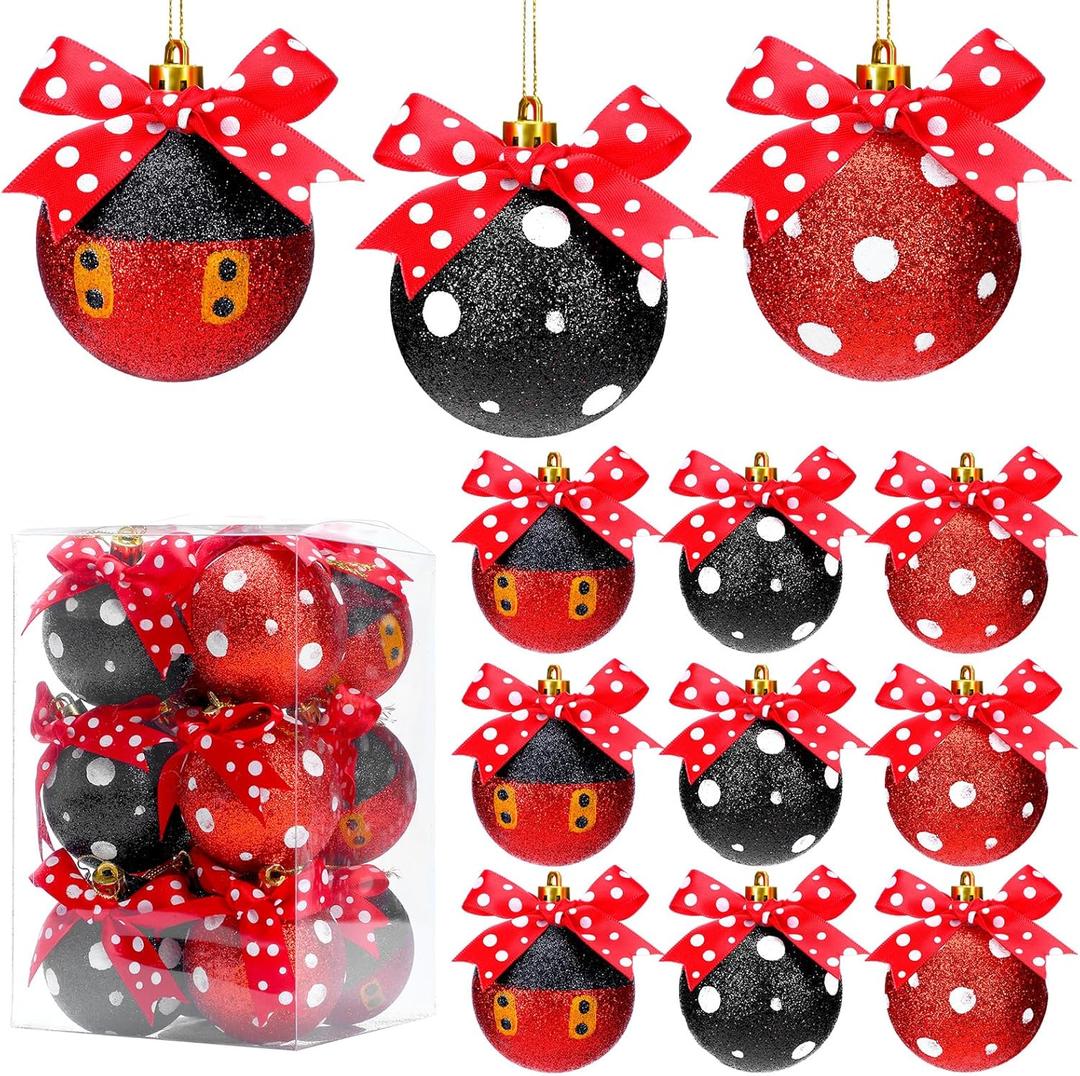 Suncalla 12 Pcs 2.4 Inch Christmas Glitter Ball Ornaments Mouse Plastic Ball with Dot Bow Tree Ornaments Cartoon Mouse Balls Red Black Yellow White Dot Decorations for Xmas Trees Party House Decor