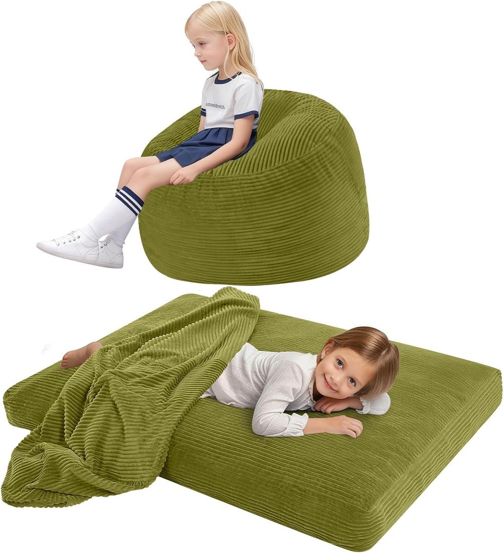 COMAX Kids Bean Bag Chair Turn into Beanbag Bed, Toddler Bean Chair Corduroy for Girl Boy Sleeping, Lazy Children Bean Bags with Filler, Convertible Child Floor Mattress, Light Green (29.5"Dx29.5"Wx18.5"H)
