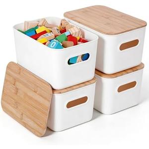 Citylife Storage Bins with Bamboo Lids 7QT Plastic Storage Containers Stackable Organizer Boxes with Handle for Desk Snacks, Toys, 4 PCS, 10" L x 7" W x 5.8" H