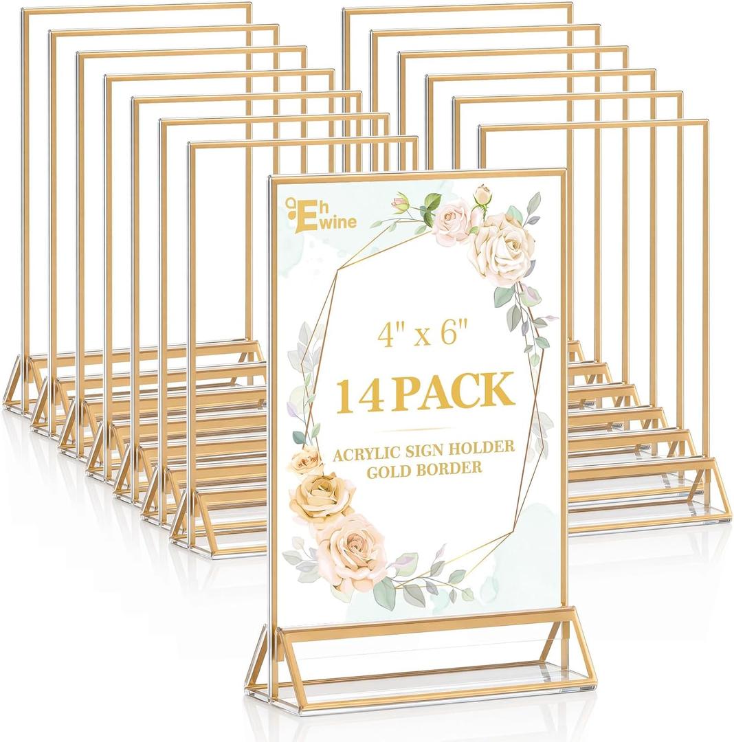 EHWINE 14 Pack 46 Clear Acrylic Sign Holder with Gold Borders and Vertical Stand, Double Sided Table Menu Holders Picture Frames for Wedding Table Numbers, Restaurant Signs, Photos and Art Display