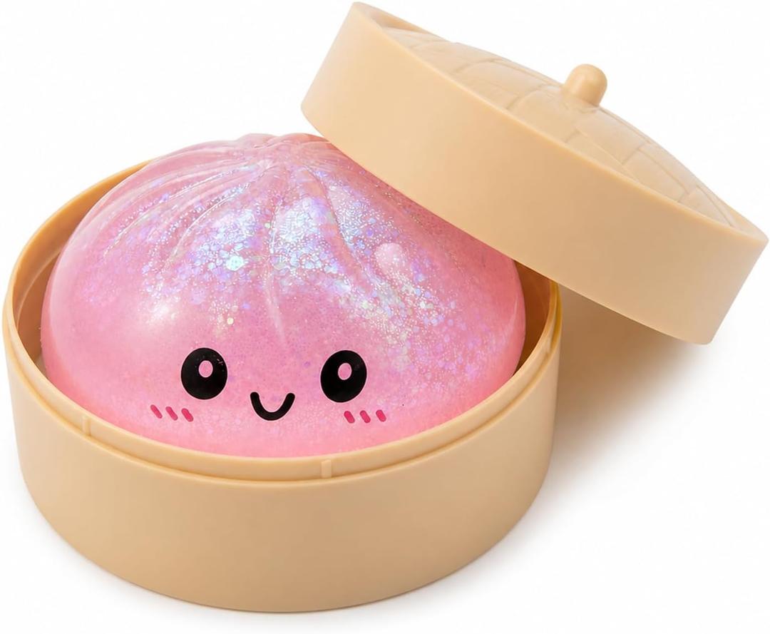Sparkly Pink Dumpling Squishies Stress Balls, Colorful Squishies Dumpling Fidget Sensory Toy with Food Steamer, Squeeze Dough Ball for Stress Relief, Stretchy Desk Toys Gift, 2.34 x 2.34 x 2 inches