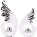 2PCS Abstract Ceramic Wing Sculptures, Modern Decor Art Figurines for Living Room Decorative Objects, Sculptures Home Decor Accent for Shelf, TV Stand, Bookshelf,Center Table Display (White Silver)