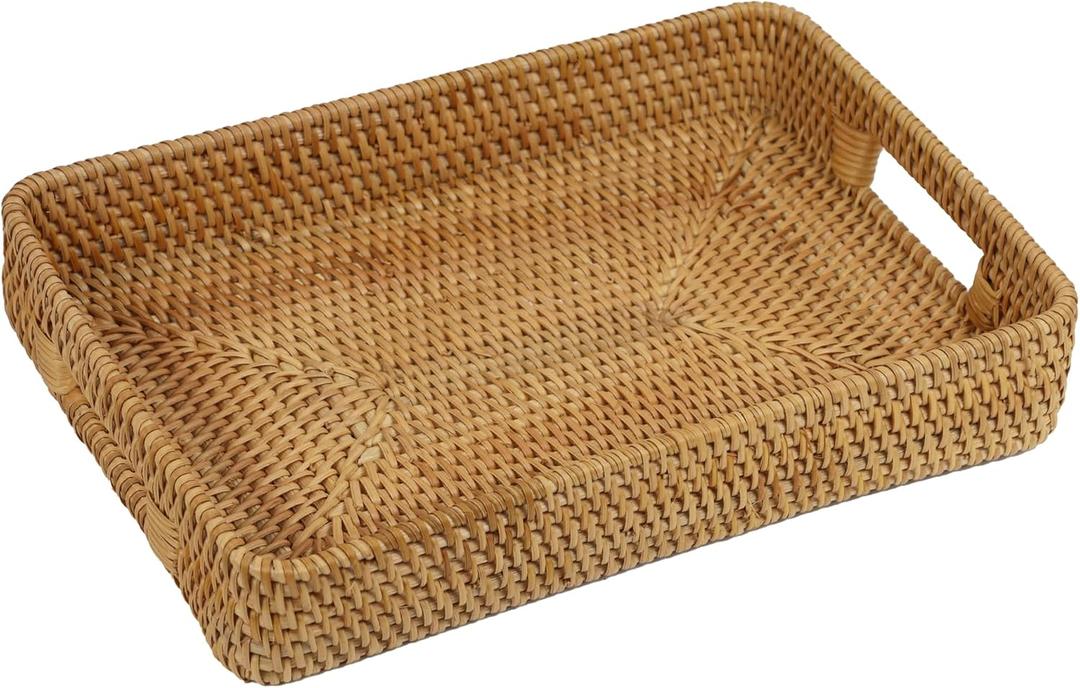 Rattan Serving Tray, Rectangle Coffee Table Tray with Handles, Decorative Ottoman Tea Tray Wicker Basket for Coffee, Bread, Fruits, Snacks, Breakfast, Drinks, Table Decor