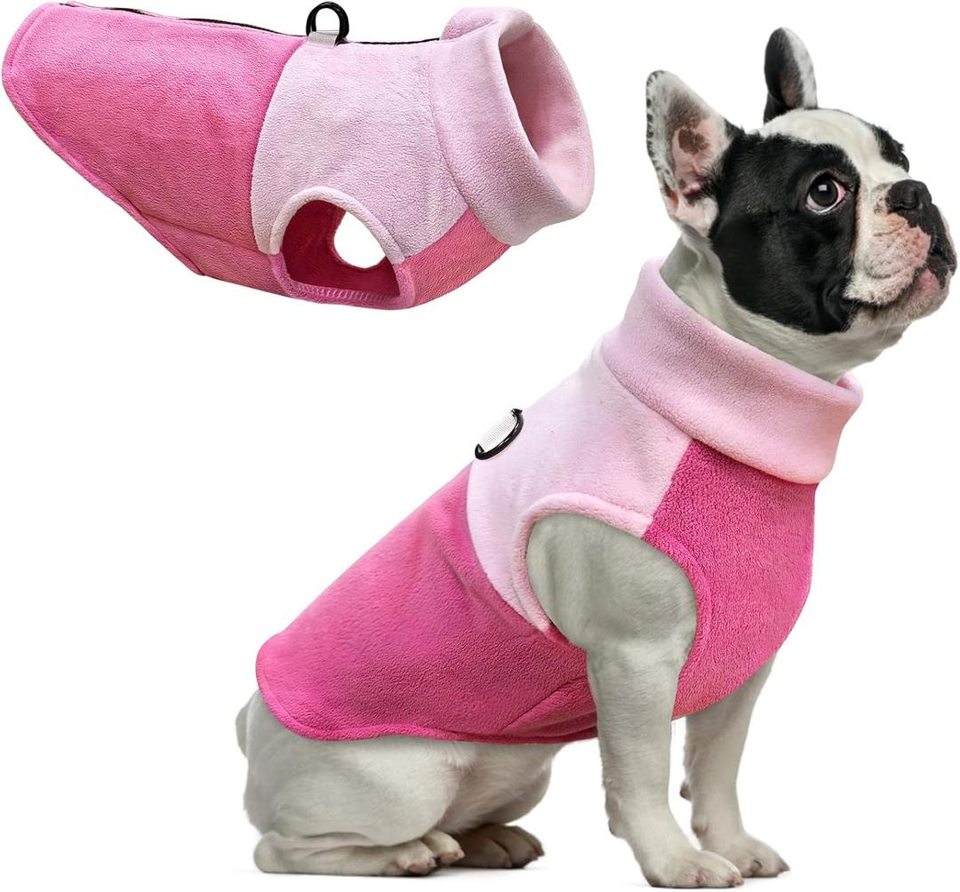 Idepet Dog Fleece Vest Sweater Zip Up Warm Pullover Dogs Jacket with D-Ring Leash Winter Cold Weater Coat Pet Sweatershirt Clothes Hoodie for Medium Dogs Boy Girl (Pink/Rose Red, M)