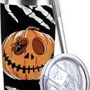Halloween Jack O Lantern Pumpkin Tumbler with Lid and Straw, Spooky Skull Skeleton Spider Stainless Steel Travel Coffee Cup, 20oz Gothic Holiday Double Wall Vacuum Insulated Mug Halloween Gifts