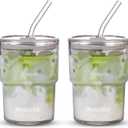 BLUEPOLAR 13oz/400ml Glass Water Tumbler with Straw and Lid Sealed Carry On Thick Wall Iced Coffee Cup Glass Cup for Water, Iced Tea Fruit Juice Etc (White-2Pack)