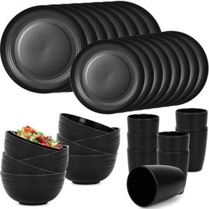 Reusable Plastic Dinnerware Sets, Unbreakable Wheat Straw Cups Plates and Bowls Set, Microwave and Dishwasher Safe Kitchen Dish Set for RV Camping Picnic Dorm (Black) (32PCS)