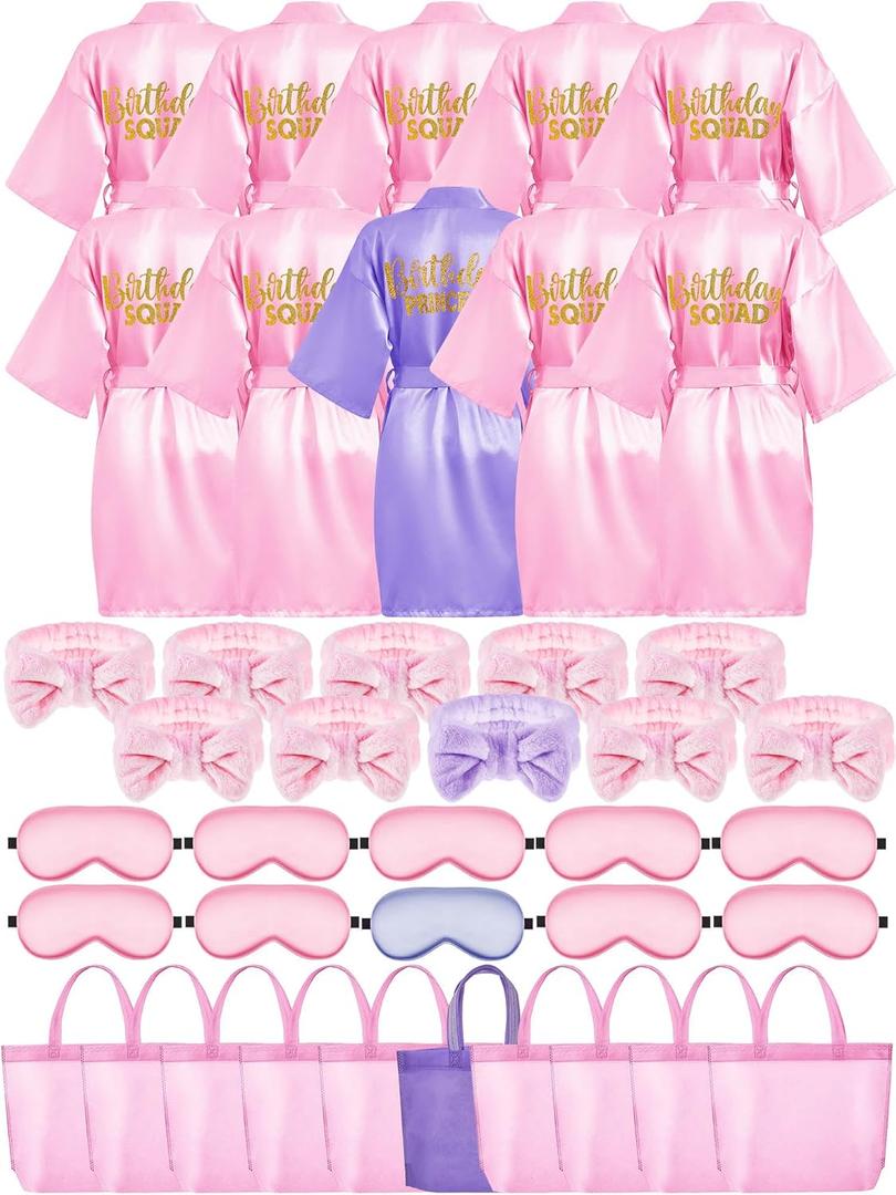Bokon 40 Pcs Girls Spa Party Supplies 10 Birthday Squad Princess Robe 10 Tote Bags 10 Headbands 10 Spa Masks for Birthday (12, Pink, Light Purple)