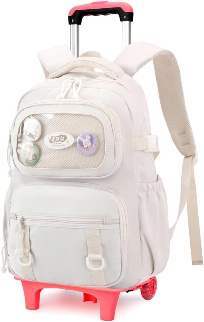 LANSHIYA Girls Rolling Backpack Elementary School Bag with Wheels, Trolley Bags for Kids Roller Backpack for Girls Boys (White-2 Wheels)