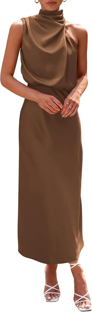 PRETTYGARDEN Women's 2026 Summer Satin Dress Elegant Sleeveless Mock Neck Cocktail Party Maxi Dresses (Brown, L)