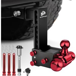 METOWARE Adjustable Trailer Hitch Fits 2-Inch Receiver - Heavy Duty Drop Hitch with 8-Inch Drop/Rise (14,000 LBS GTW) - Tri-Ball (Red) 1-7/8'', 2'', 2-5/16'' and Stainless Steel Lock