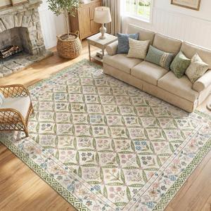 jinchan Haden 8x10 Large Area Rug for Living Room Vintage Floral Cottage Rug Soft Non-Slip Low Pile Washable Bedroom Dining Room Home Decor Girls Dorm Carpet 8' x 10' (Rectangular), Sage Green