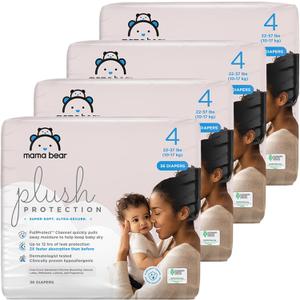 Amazon Brand - Mama Bear Plush Protection Diapers - Size 4, One Month Supply, Hypoallergenic Premium Disposable Baby Diapers, 144 Count (Pack of 4), White and Cloud Dreams