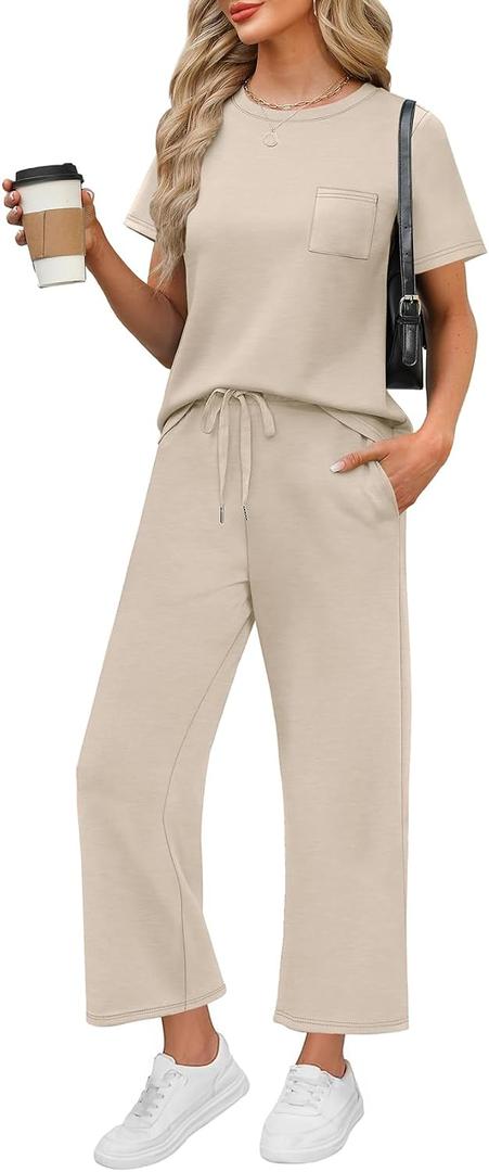WIHOLL 2 Piece Sets for Women Casual Summer Travel Vacation Outfits Short Sleeve Wide Leg Crop Pants Lounge Sets (Beige)