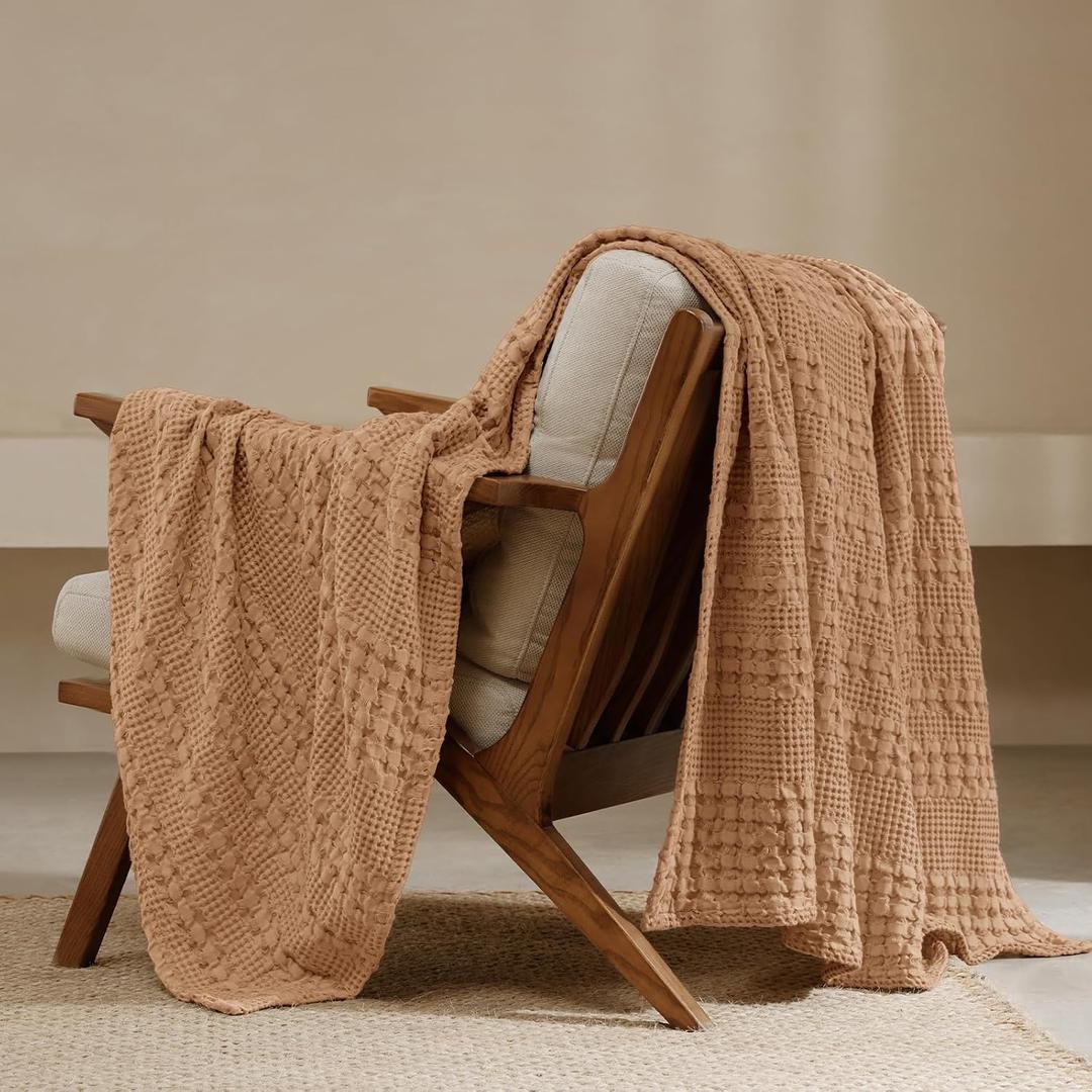 PHF 100% Cotton Waffle Weave Throw Blanket, Soft Lightweight Breathable Cozy Throws for Couch Bed Sofa, Luxury Aesthetic Woven Blanket for Home Decor & Office, 50"x60", Camel
